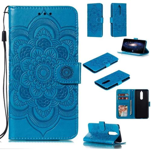 Portefeuille Coque Pour Nokia 5.1 2018 Smartphone Magnétique Pu Cuir Etui Rabat Avec Fente Pour Carte Et Dragonne Mandala Fleur Motif - Bleu