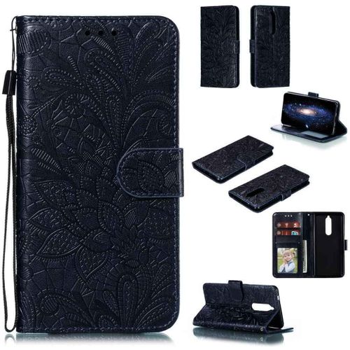 Portefeuille Coque Pour Nokia 5.1 2018 Smartphone Magnétique Pu Cuir Etui Rabat Avec Fente Pour Carte Et Dragonne Dentelle Fleur Motif - Bleu Foncé