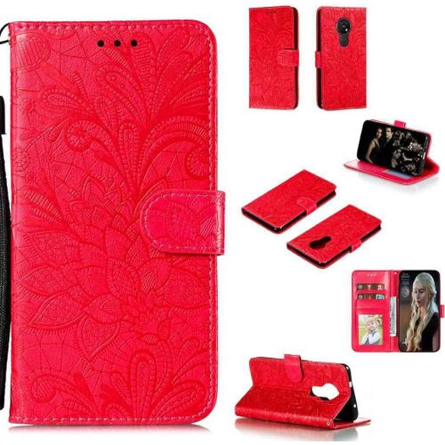 Portefeuille Coque Pour Nokia 7.2/Nokia 6.2 Smartphone Magnétique Pu Cuir Etui Rabat Avec Fente Pour Carte Et Dragonne Dentelle Fleur Motif-Rouge