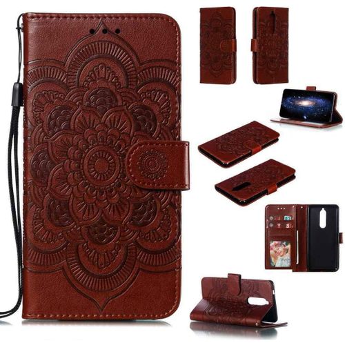 Portefeuille Coque Pour Nokia 5.1 2018 Smartphone Magnétique Pu Cuir Etui Rabat Avec Fente Pour Carte Et Dragonne Mandala Fleur Motif - Marron