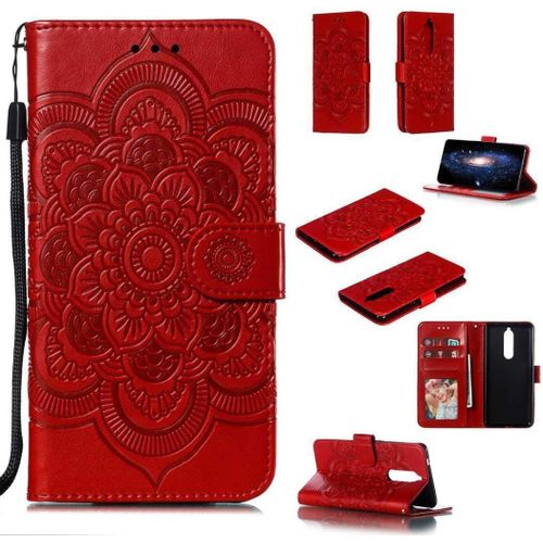 Portefeuille Coque Pour Nokia 5.1 2018 Smartphone Magnétique Pu Cuir Etui Rabat Avec Fente Pour Carte Et Dragonne Mandala Fleur Motif - Rouge