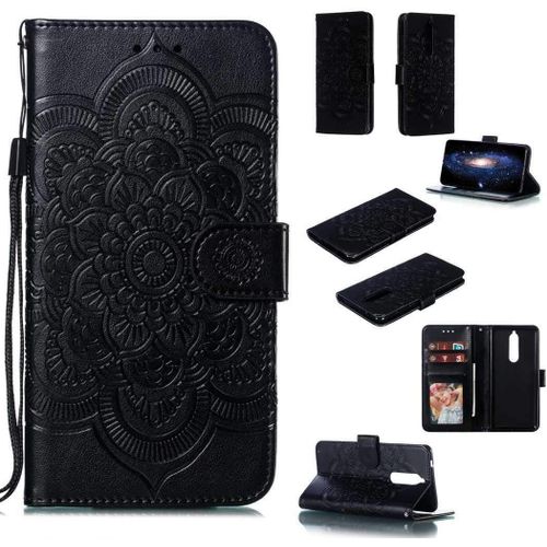 Portefeuille Coque Pour Nokia 5.1 2018 Smartphone Magnétique Pu Cuir Etui Rabat Avec Fente Pour Carte Et Dragonne Mandala Fleur Motif - Noir