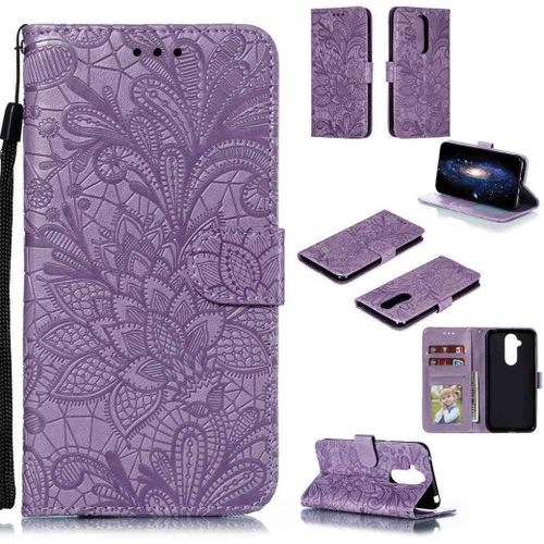 Portefeuille Coque Pour Nokia 8.1 Smartphone Magnétique Pu Cuir Etui Rabat Avec Fente Pour Carte Et Dragonne Dentelle Fleur Motif-Pourpre