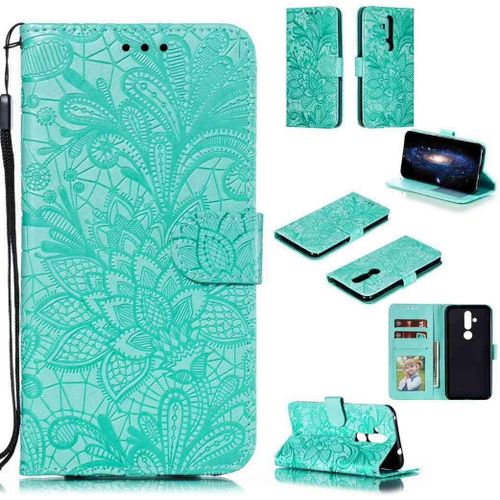 Portefeuille Coque Pour Nokia 8.1 Plus Smartphone Magnétique Pu Cuir Etui Rabat Avec Fente Pour Carte Et Dragonne Dentelle Fleur Motif-Vert