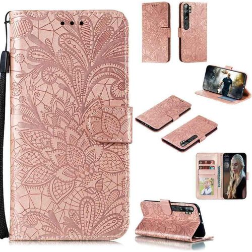 Portefeuille Coque Pour Xiaomi Mi Note 10 Smartphone Magnétique Pu Cuir Etui Rabat Avec Fente Pour Carte Et Dragonne Dentelle Fleur Motif - Or Rose