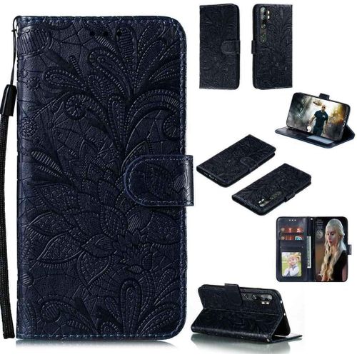 Portefeuille Coque Pour Xiaomi Mi Note 10 Smartphone Magnétique Pu Cuir Etui Rabat Avec Fente Pour Carte Et Dragonne Dentelle Fleur Motif-Bleu Foncé