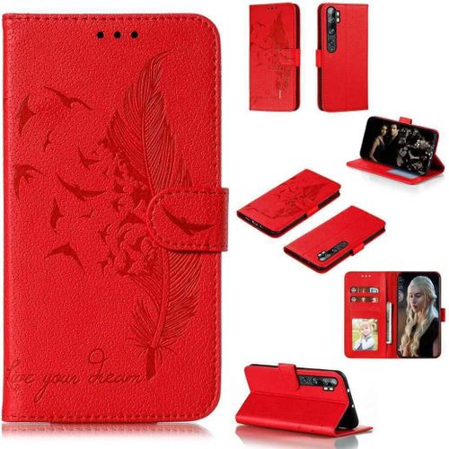 Portefeuille Coque Pour Xiaomi Mi Note 10 Smartphone Magnétique Pu Cuir Etui Rabat Avec Fente Pour Carte Book Housse Plume Embossée Motif-Rouge
