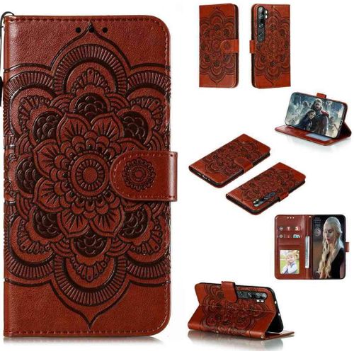 Portefeuille Coque Pour Xiaomi Mi Note 10 Smartphone Magnétique Pu Cuir Etui Rabat Avec Fente Pour Carte Et Dragonne Mandala Fleur Motif - Marron