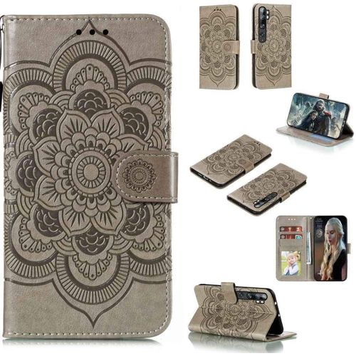 Portefeuille Coque Pour Xiaomi Mi Note 10 Smartphone Magnétique Pu Cuir Etui Rabat Avec Fente Pour Carte Et Dragonne Mandala Fleur Motif - Gris