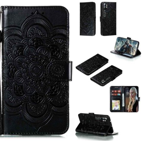 Portefeuille Coque Pour Xiaomi Mi Note 10 Smartphone Magnétique Pu Cuir Etui Rabat Avec Fente Pour Carte Et Dragonne Mandala Fleur Motif - Noir