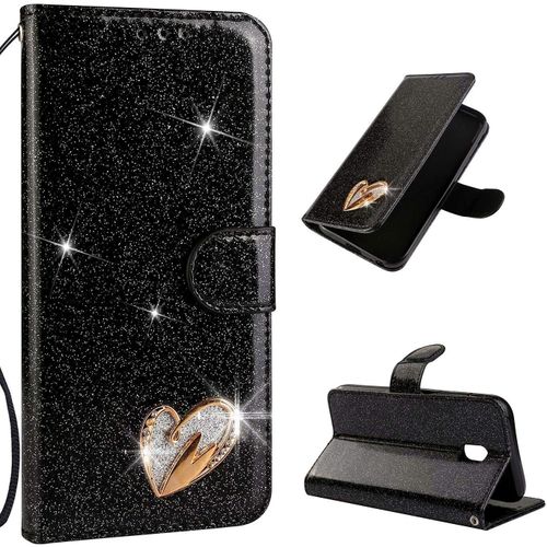 Coque Pour Samsung Galaxy J3 2017 J330 Coque Case Étui Pu Portefeuille Housse Luxe Bling Paillette Rabat Magnétique Flip Cover Porte Carte Antichoc Pour Samsung Galaxy J3 2017 J330noir