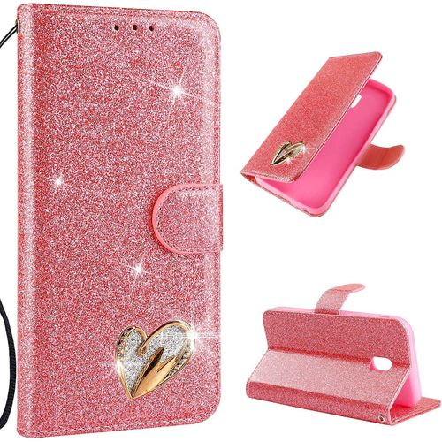 Coque Pour Samsung Galaxy J3 2017 J330 Coque Case Étui Pu Portefeuille Housse Luxe Bling Paillette Rabat Magnétique Flip Cover Porte Carte Antichoc Pour Samsung Galaxy J3 2017 J330rose