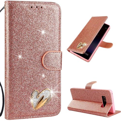 Coque Pour Samsung Galaxy Note 8 Coque Case Étui Pu Portefeuille Housse Luxe Bling Paillette Glitter Rabat Magnétique Flip Cover Porte Carte Antichoc Pour Samsung Galaxy Note 8or Rose