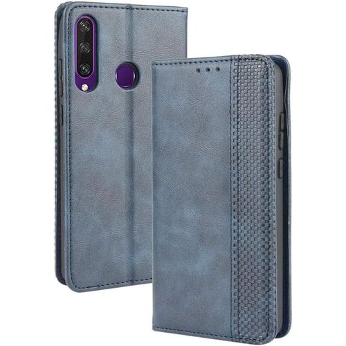 Coque Pour Huawei Y6p Etui, Cuir Pu Premium Rétro Flip Case, Id Carte De Crédit Slot Holder Flip Cover Stand Housse De Fermeture Magnétique, Bleu