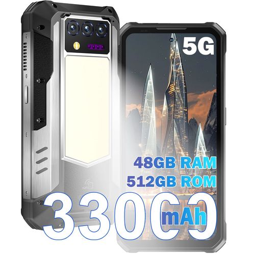 OUKITEL WP100 Titan Téléphone Incassable 5G, 33000mAh 48GO +512GO Projecteur intégré 100-lumens Smartphone, 6.80" FHD+/120Hz, 200MP Caméra, Camping Éclairage 1200LM Noir