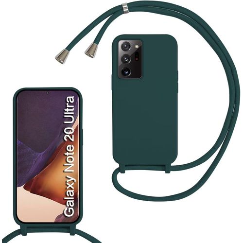 Coque Pour Samsung Galaxy Note20 Ultra,Collier Pour Étui Colliers De Cellulaire Corde Silicone Avec Cordon Case Tpu Bumper,Mince Antichoc Réglable Lanyard Case, Vert Foncé