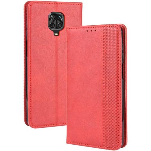 Coque Pour Xiaomi Redmi Note 9s/Note 9 Pro Etui, Cuir Pu Premium Rétro Flip Case, Id Carte De Crédit Slot Holder Flip Cover Stand Housse De Fermeture Magnétique, Rouge
