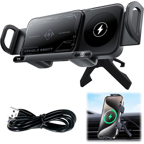 Support De Téléphone De Voiture Sans Fil, Chargeur De Voiture Sans Fil Double Bobine 15 W, Rotation Et Serrage Automatiques À 90°, Grille D'aération, Support De Téléphone Portable De Voiture