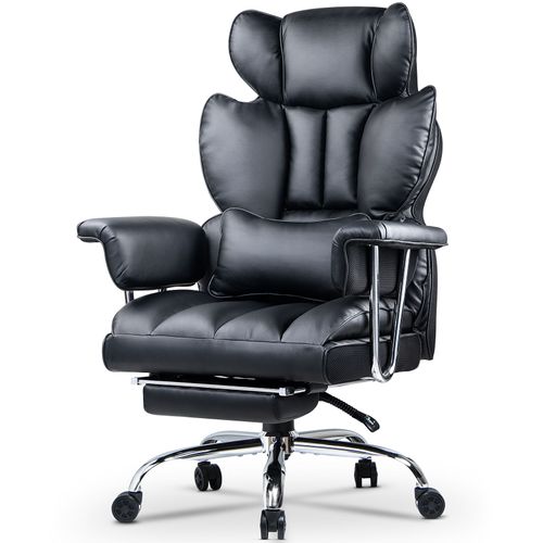 Chaise Bureau Avec Repose-Pieds, Fauteuil De Direction Large, Fauteuil De Bureau Avec Repose-Pieds Télescopique, Soutien Lombaire, Dossier Inclinable, Pu Cuir, Noir