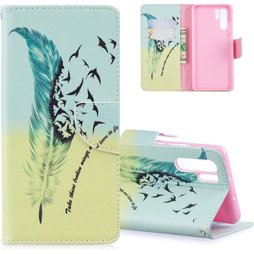 Compatible With Huawei P30 Pro Coque Plume Colorée Slim Housse Étui Pu Cuir Housse Coquille Couverture Fonction Stand Compatible With Huawei P30 Pro Blue Yellow Feather