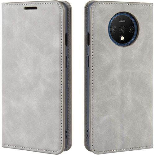 Coque Pour Oneplus 7t 6.55"", Flip Coque En Pu Cuir Housse Protection De Coque Rétro Matte Case Cover Pour Oneplus 7t Smartphone Gris