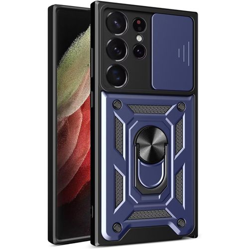 Coque Convient Pour Samsung Galaxy S24 Ultra 6.8"" Inches , Étui Pc Armor Ring Stand Avec Base Magnétique - Bleu