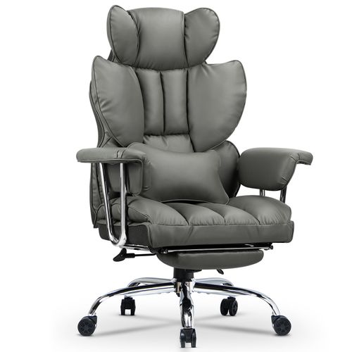 Chaise Bureau Avec Repose-Pieds, Fauteuil De Direction Large, Fauteuil De Bureau Avec Repose-Pieds Télescopique, Soutien Lombaire, Dossier Inclinable, Pu Cuir, Gris