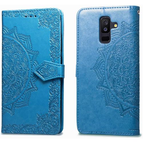 Compatible Avec Coque Samsung Galaxy A6 Plus 2018 Cuir Rabat Motif Mandala Silicone Antichoc Etui Samsung A6 Plus 2018 Portefeuille Support Housse Fine Leather Case Pour Filles Femmes-Bleu