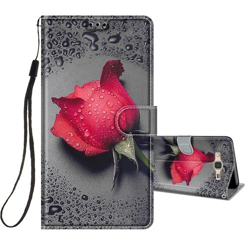 Coque Pour Samsung Galaxy J3 2016/J310 Cuir À Rabat Etui Folio Portefeuille Pour Filles Femme, Housse Cuir Fentes Pour Cartes Étui Antichoc 360 Degrés Cover Silicone-Rose/Rouge