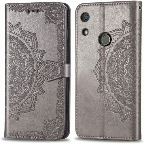 Pour Coque Huawei Y6 2019/Honor 8a Cuir Rabat Motif Mandala Silicone Antichoc Etui Huawei Y6 Pro 2019 Portefeuille Support Housse Fine Leather Case Pour Filles Femmes-Gris