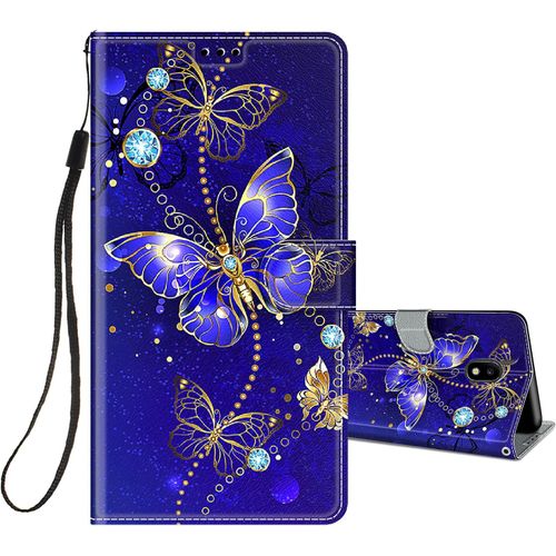 Coque Pour Samsung Galaxy J3 2017/J330 Cuir À Rabat Etui Folio Portefeuille Pour Filles Femme, Housse Cuir Fentes Pour Cartes Étui Antichoc 360 Degrés Cover Silicone-Papillon/Bleu