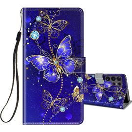 Coque Pour Samsung Galaxy S22 Ultra 5g Cuir À Rabat Etui Folio Portefeuille Motif Pour Filles Femme Garçons, Housse Cuir Fentes Pour Cartes Étui Antichoc Cover Silicone-Papillon/Bleu