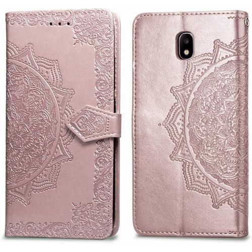 Pour Coque Samsung Galaxy J3 2017 Cuir Rabat Motif Mandala Silicone Antichoc Etui Samsung J3 2017 Portefeuille Support Housse Fine Leather Case Pour Filles Femmes-Or Rose