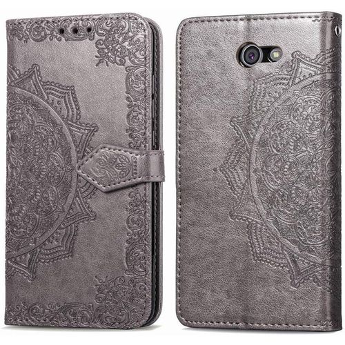 Pour Coque Samsung Galaxy J7 2017 Cuir Rabat Motif Mandala Silicone Antichoc Etui Samsung J7 2017 Portefeuille Support Housse Fine Leather Case Protection Pour Filles Femmes-Gris