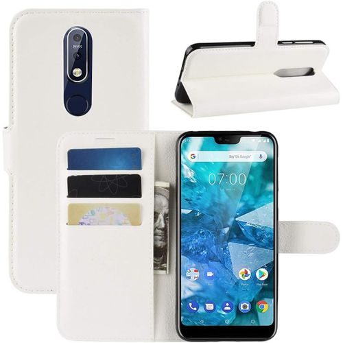Coque Nokia 7.1 Etui Housse À Rabat En Pu Cuir Flip Leather Case Cover Antichoc Portefeuille Protection Stand Coque Avec Slots De Cartes Pour Nokia 7.1 2018 Blanc