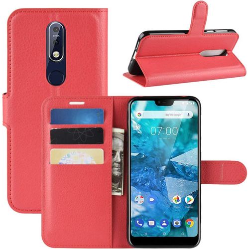 Coque Nokia 7.1 Etui Housse À Rabat En Pu Cuir Flip Leather Case Cover Antichoc Portefeuille Protection Stand Coque Avec Slots De Cartes Pour Nokia 7.1 2018 Rouge