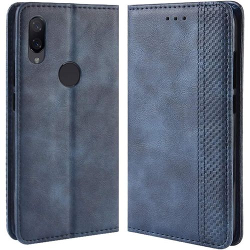 Coque Xiaomi Redmi Note 7 Pro, Etui Housse À Rabat En Retro Pu Cuir Flip Leather Case Cover Antichoc Portefeuille Protection Stand Coque Pour Xiaomi Redmi Note 7 Pro Bleu