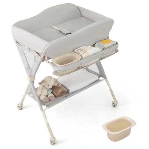 Table À Langer Pour Bébé Costway-3 Hauteurs Réglables-4 Roues Verrouillables-Bassin D'eau-Panier De Rangement-Ceinture De Sécurité
