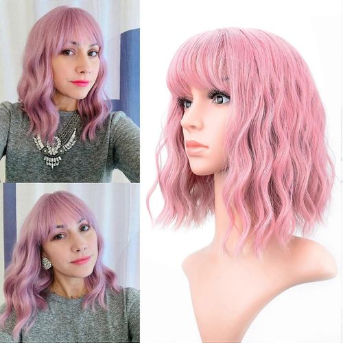 Perruque Ondulée Pastel Avec Frange Air Perruques Roses Courtes Pour Femmes Bouclé Ondulé Épaule Longueur Pastel Synthétique Cosplay Perruque Pour Filles Usage Quotidien Perruques Colorées (Rose)