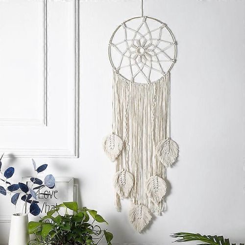 Boho Dream Catcher Macramé Dream Catchers pour chambre à coucher tissé plume grande Tenture murale Decor pompons faits à la main décoration maison ornement artisanat cadeau, 35 x