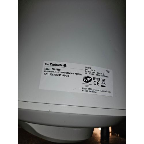 Vend Chauffe eau électrique  Vertical Mural De Dietrich Blindé 200 L Car pose d'un ballon thermodynamique  Acheter 298.99€ il y 8 mois Le 04 août 2024 Facture à l'appuie