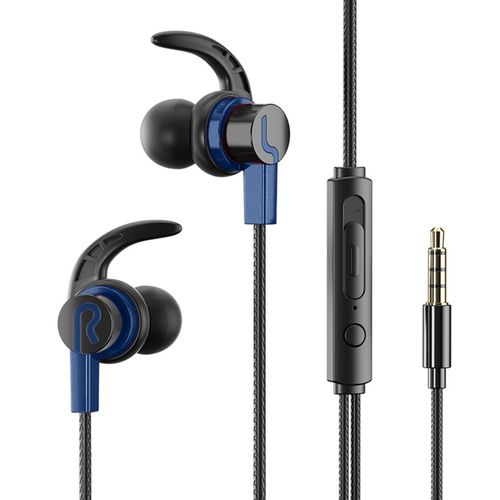Écouteurs filaires avec réduction du bruit, son stéréo, appels compatibles HD, Audio immersif, Plug Play, Ports 3.5mm, conception Sharkfin, casque filaire Anti-chute pour le sport-Bleu
