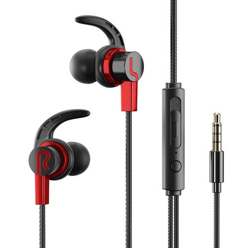 Écouteurs filaires avec réduction du bruit, son stéréo, appels compatibles HD, Audio immersif, Plug Play, Ports 3.5mm, conception Sharkfin, casque filaire Anti-chute pour le sport-Rouge