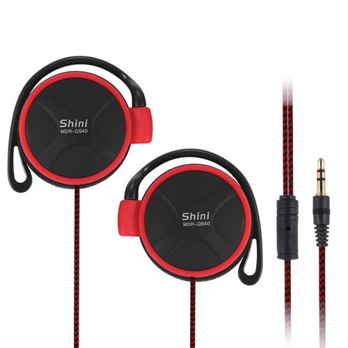 Écouteurs filaires haute fidélité, suppression du bruit sensible, ergonomique, stéréo 3.5mm, crochet d'oreille pour sport, pour la course à pied-Rouge