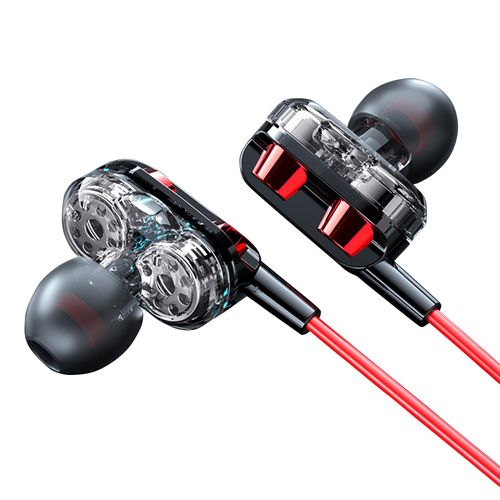 Écouteurs intra-auriculaires filaires C52, contrôle filaire, réduction du bruit, double bobine mobile, huit curs, 3.5mm, pour jeux-Rouge