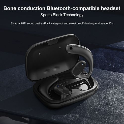 Écouteurs de Sport Bluetooth 5.0 à faible latence, longue durée de veille, réduction intelligente du bruit, lecteur de musique Surround stéréo, crochet ergonomique, conception d'oreille, écouteurs à Conduction osseuse pour le Sport-Noir