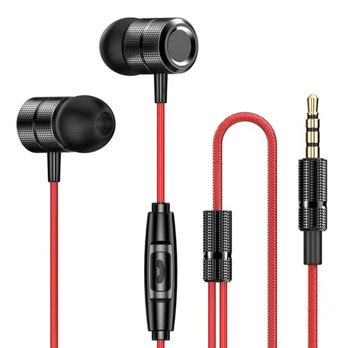 Écouteurs intra-auriculaires filaires en Nylon tressé, respectueux de la peau, réduction du bruit, corps en métal, pour le sport-Rouge