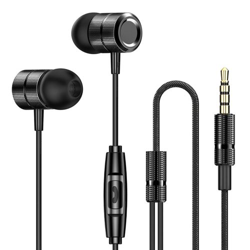 Écouteurs intra-auriculaires filaires en Nylon tressé, respectueux de la peau, réduction du bruit, corps en métal, pour le sport-Noir