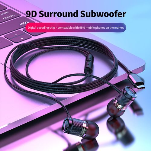 Écouteurs filaires avec réduction du bruit, son stéréo, diaphragme composite ergonomique, Plug Play, ports 3,5 mm/type-C, puces de décodage numérique, écouteurs filaires pour le bureau-Noir Type-C