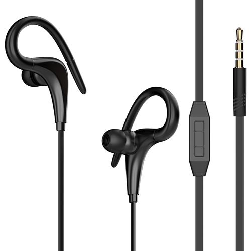 Écouteurs filaires, réduction du bruit sensible, oreillettes confortables avec crochet d'oreille stéréo de 3.5mm pour les appels-Noir